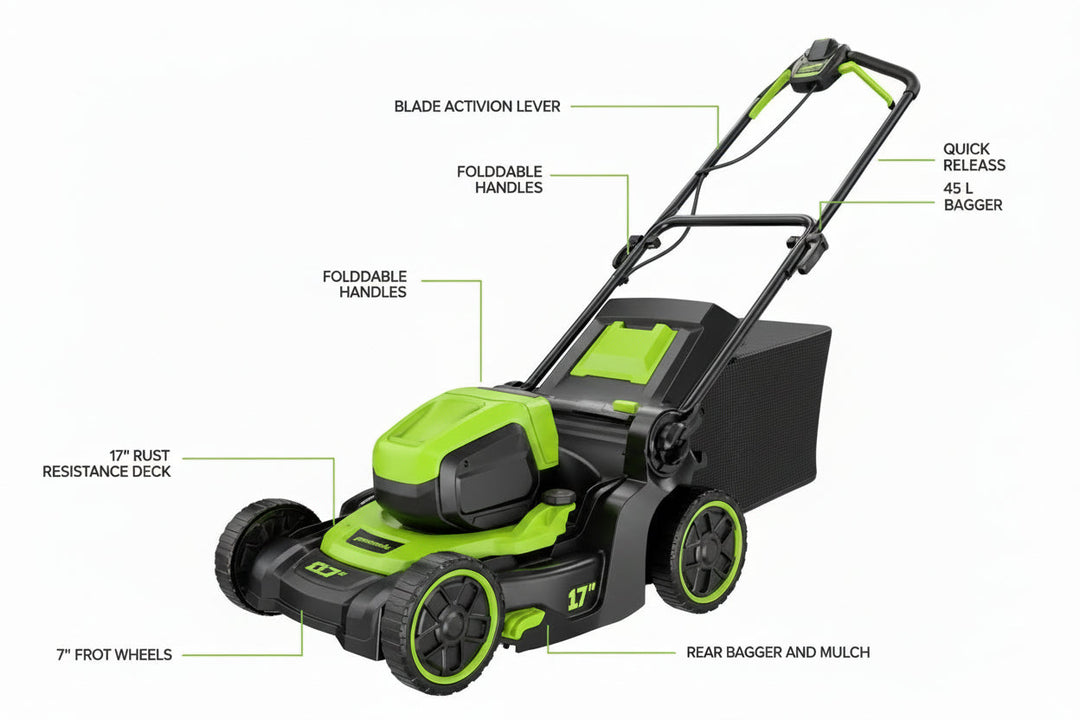 60V 17-Inch Brushless Push Lawn Mower & 610 CFM Cordless Blower Combo, 4.0Ah Battery & Charger Included