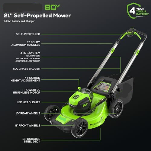 21-inch self-propelled mower with features listed on a black background