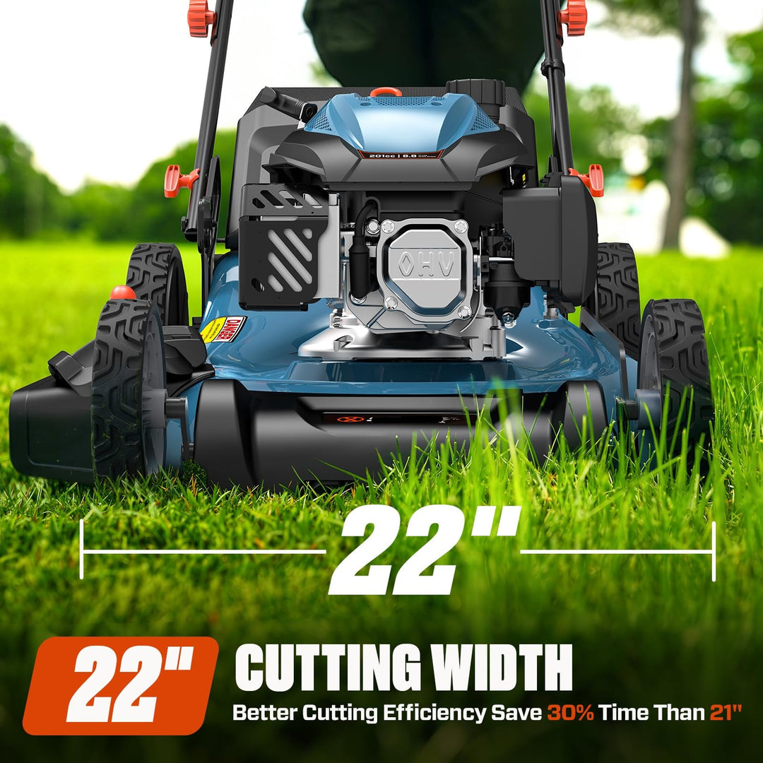 201cc 22" Gas Lawn Mower, Self-Propelled Rear Wheel Drive, 3-in-1 Mulching Bagging Discharge, Variable Speed, 6 Height Adjustment
