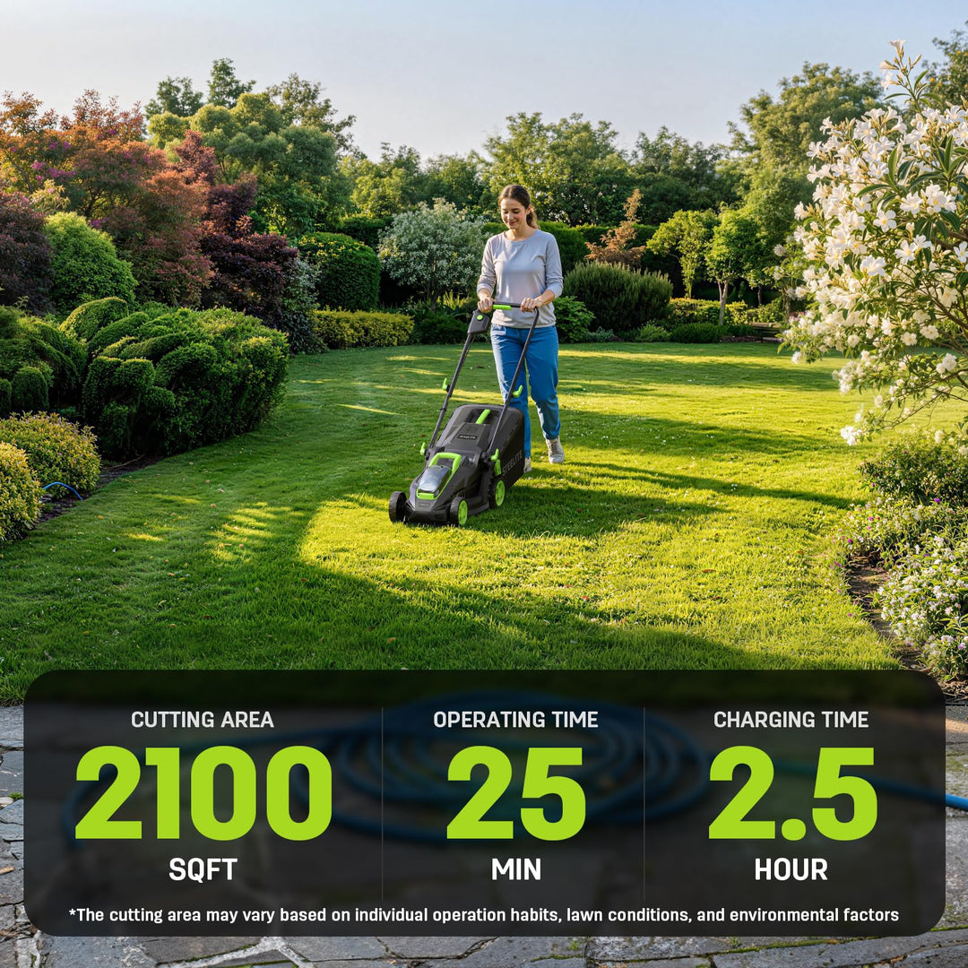 21V 13" Cordless Electric Lawn Mower, Brushless Motor, 5-Level Height Adjustment, Mulching & Bagging, Battery & Charger Included