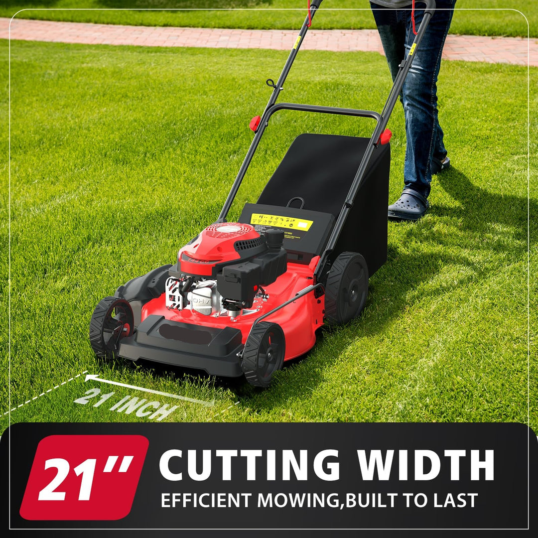 21" Gas Lawn Mower, 144cc OHV Engine, 3-in-1 Push Mower with Bagging, Mulching & Side Discharge