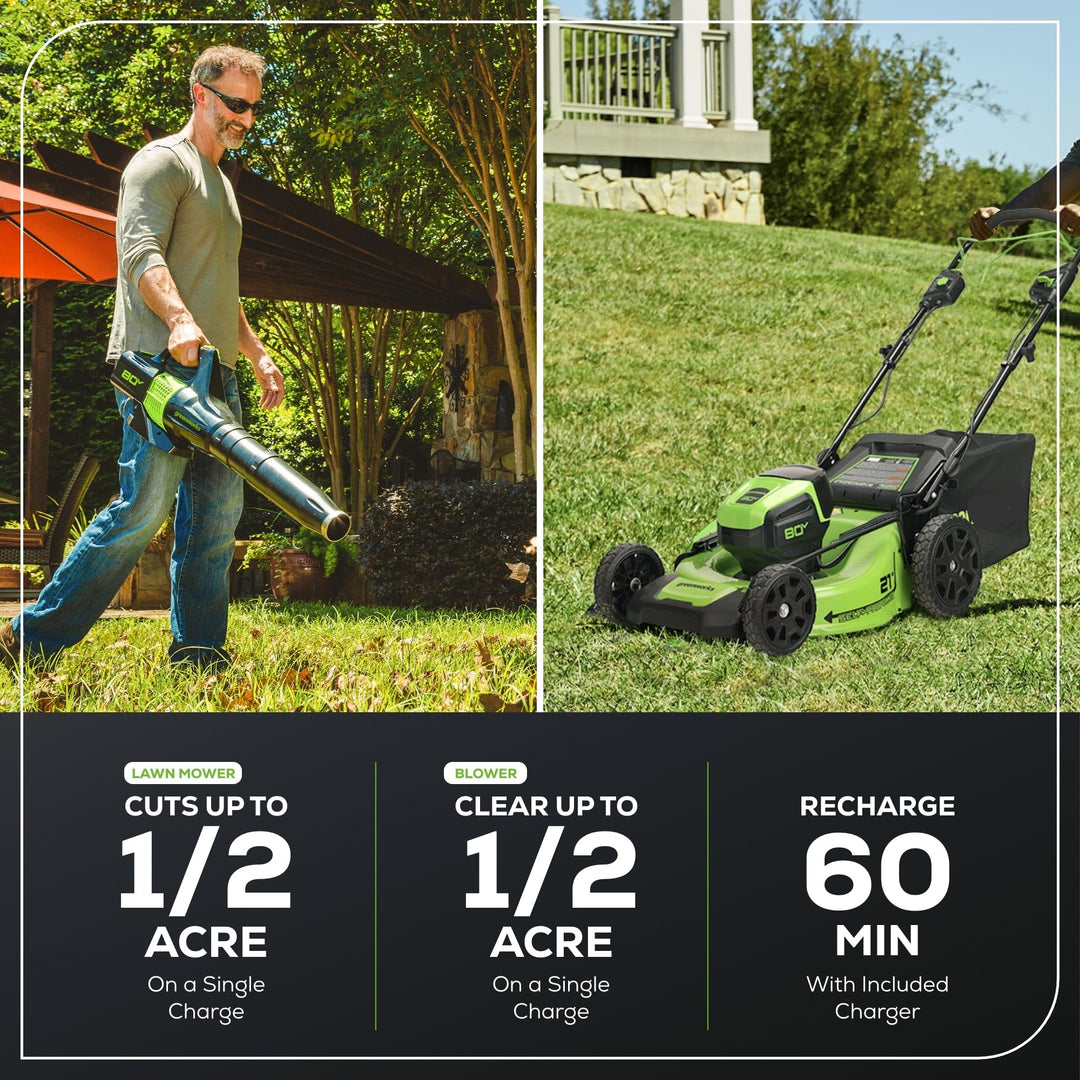 80V 21" Cordless Self-Propelled Lawn Mower + Leaf Blower (580 CFM), Brushless Motor, 4.0Ah Battery & Rapid Charger Included