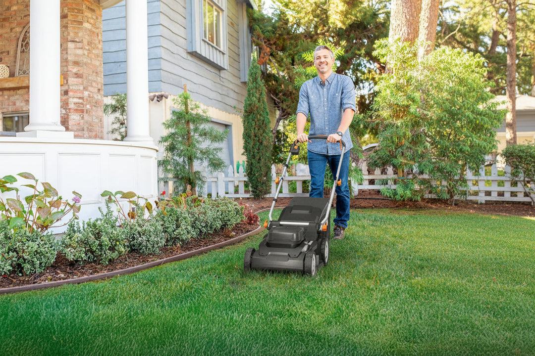 17-Inch Cordless Lawn Mower, 2-in-1 Electric Edge Cutting, Lightweight Push Mower, 6 Height Adjustments, Batteries & Charger Included, Model WG745