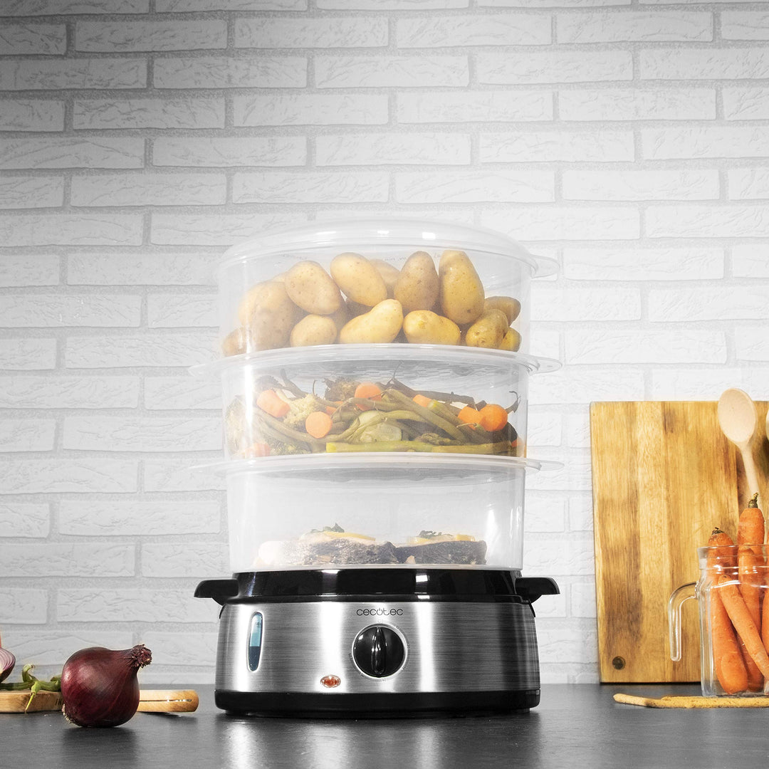 Cuiseur vapeur électrique 800 W – 3 paniers indépendants, Minuterie 60 min, Inox